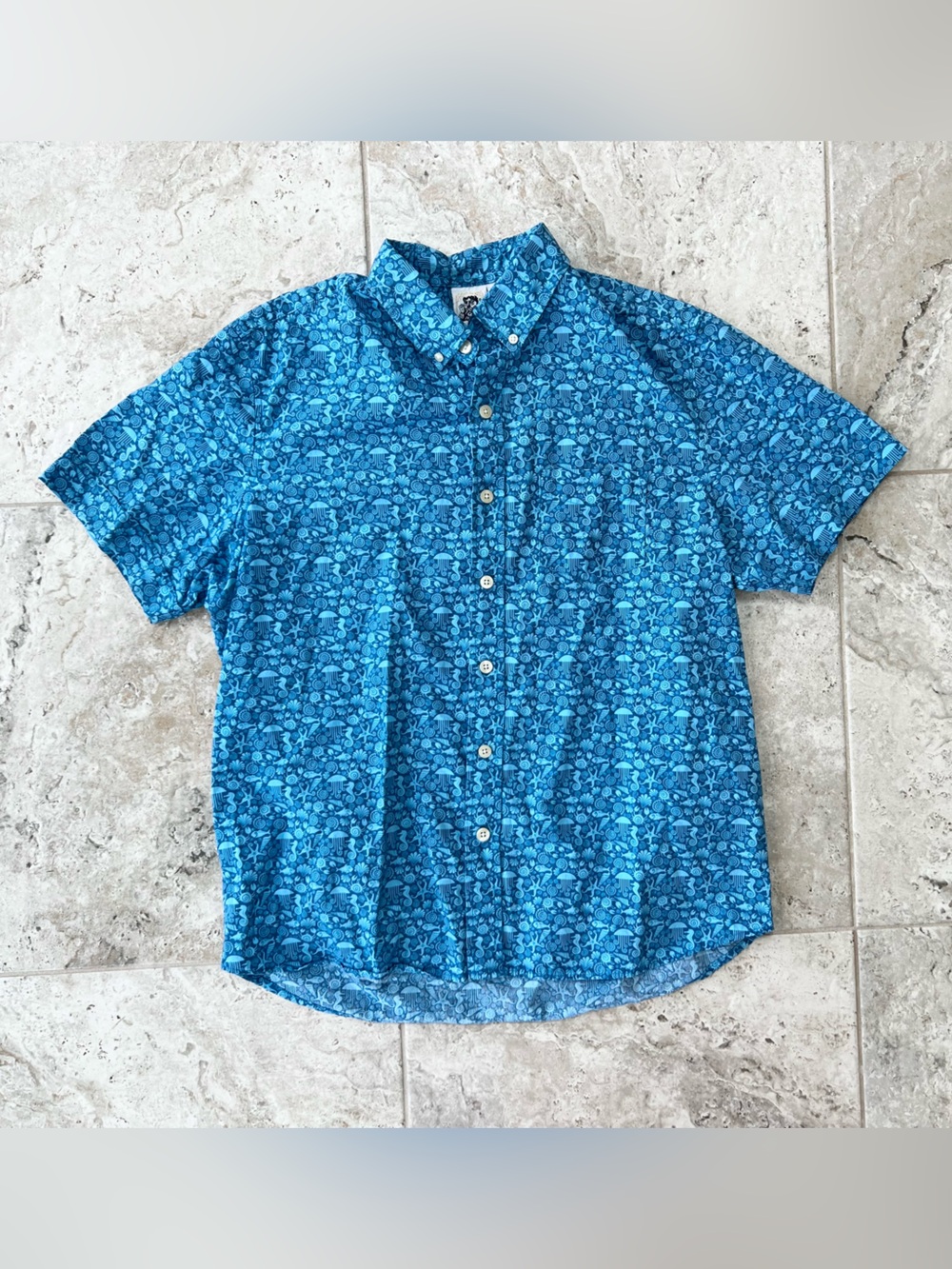 Kennington LTD Short Sleeved Cropped Boxy Cotton Sea Life Button-Down Shirt, XL